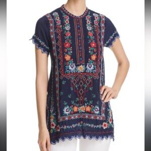 Johnny Was Liesse Embroidered Tunic navy blue short sleeve tunic blouse